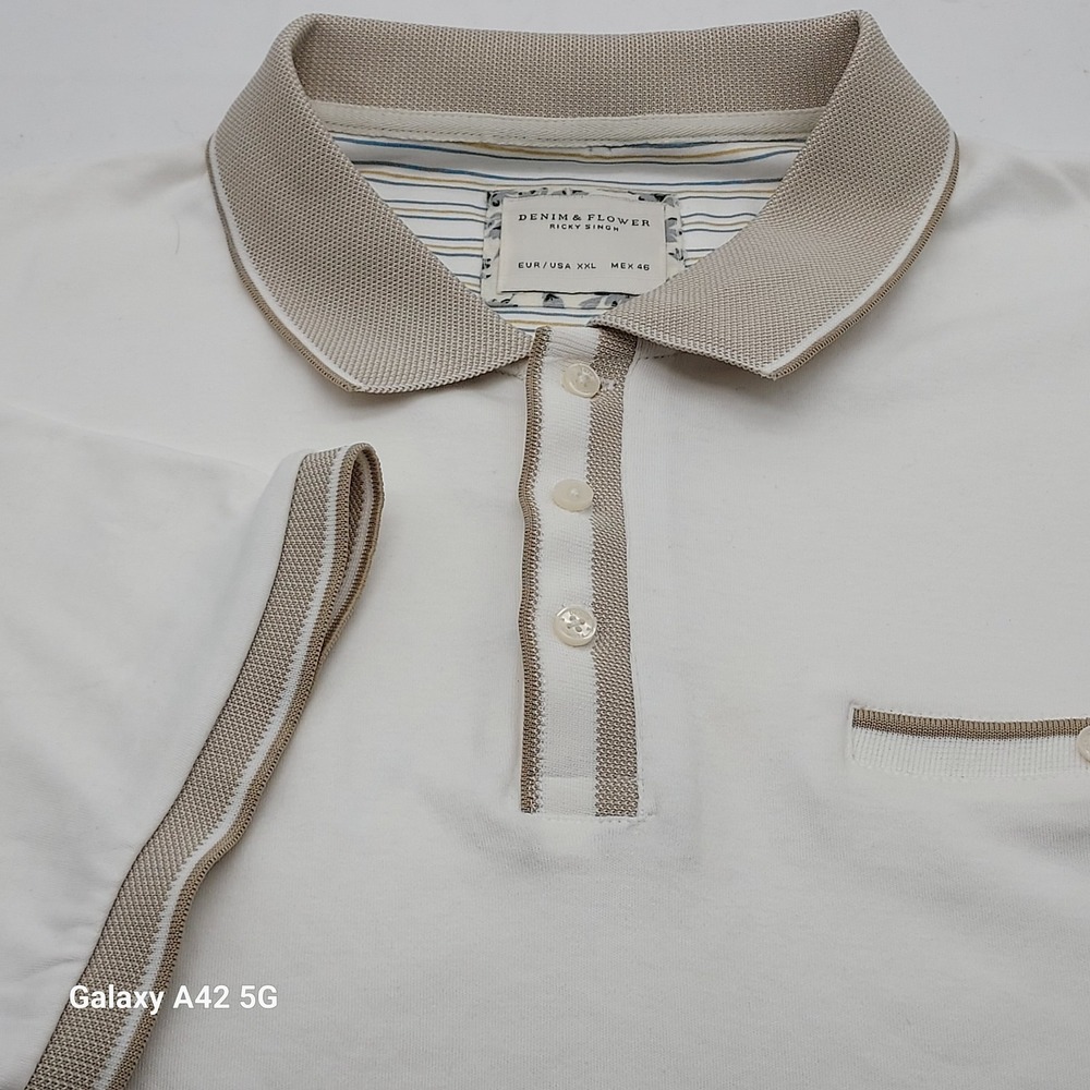 DENIM &‎ FLOWER RICKY SINGH Polo Shirt White Short Sleeve Button Up Top XXL